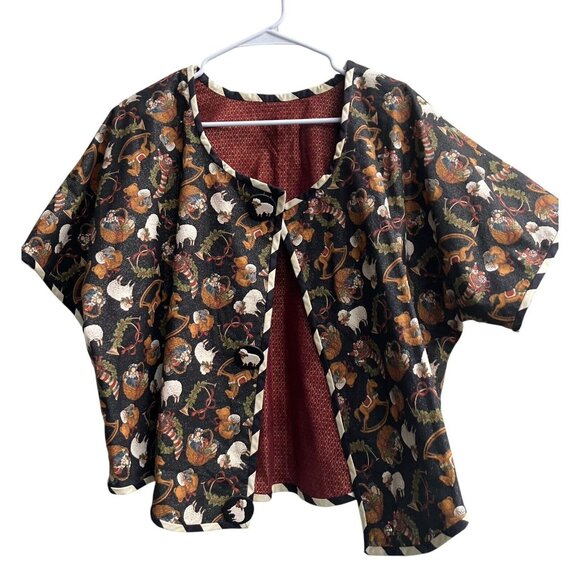 Womens Dickens Christmas Print Short Shimmer Jacket Topper Handcrafted Size L XL - Picture 2 of 7